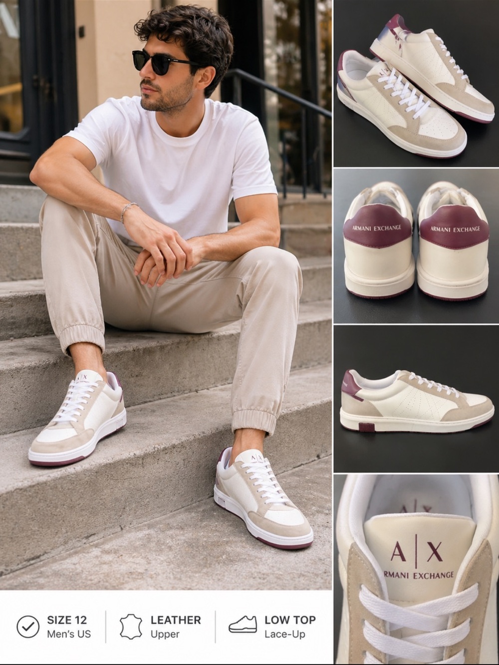 Armani Exchange A|X White Leather Sneakers Purple Accent Low Top Shoes Size 12